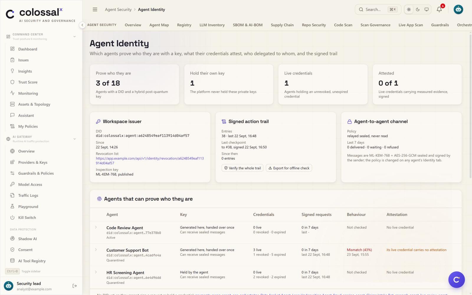 Agent identity in a demo workspace: which agents prove who they are with a key, which hold their own private key that the platform never held, the workspace issuer with its public revocation list, and a signed action trail that can be verified or exported.